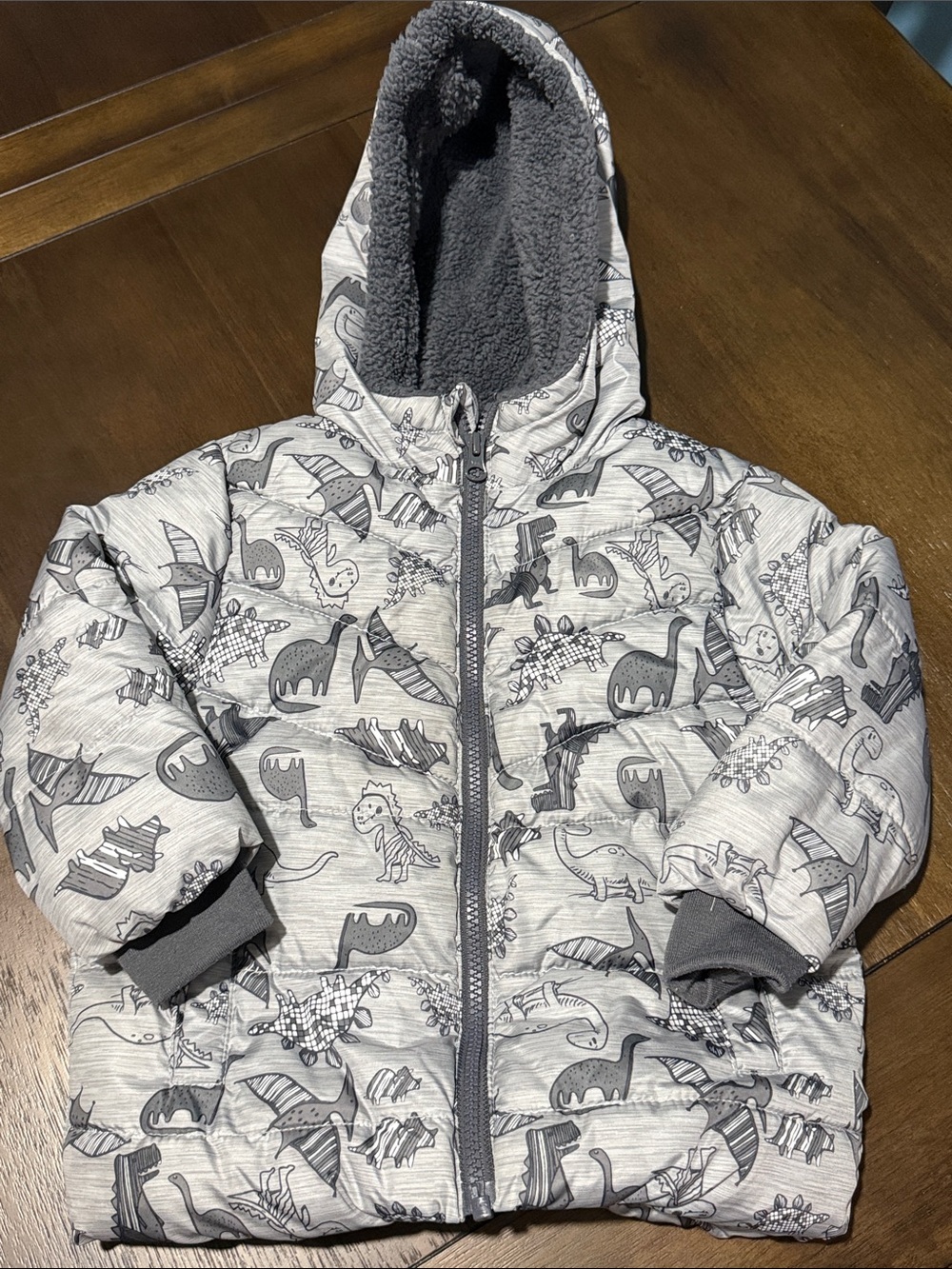 Swiss Tech Toddler Gray Fleece-Lined Dinosaur Puffer Jacket 2T